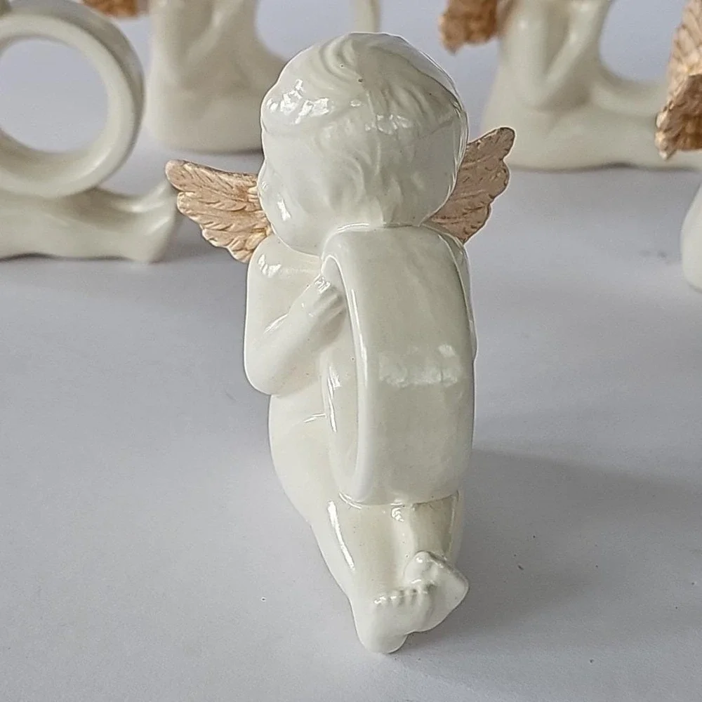 Vtg Victorian Cherub Angel Gold Wing Napkin Holder Ring‎ Set 5 Cottagecore 1925